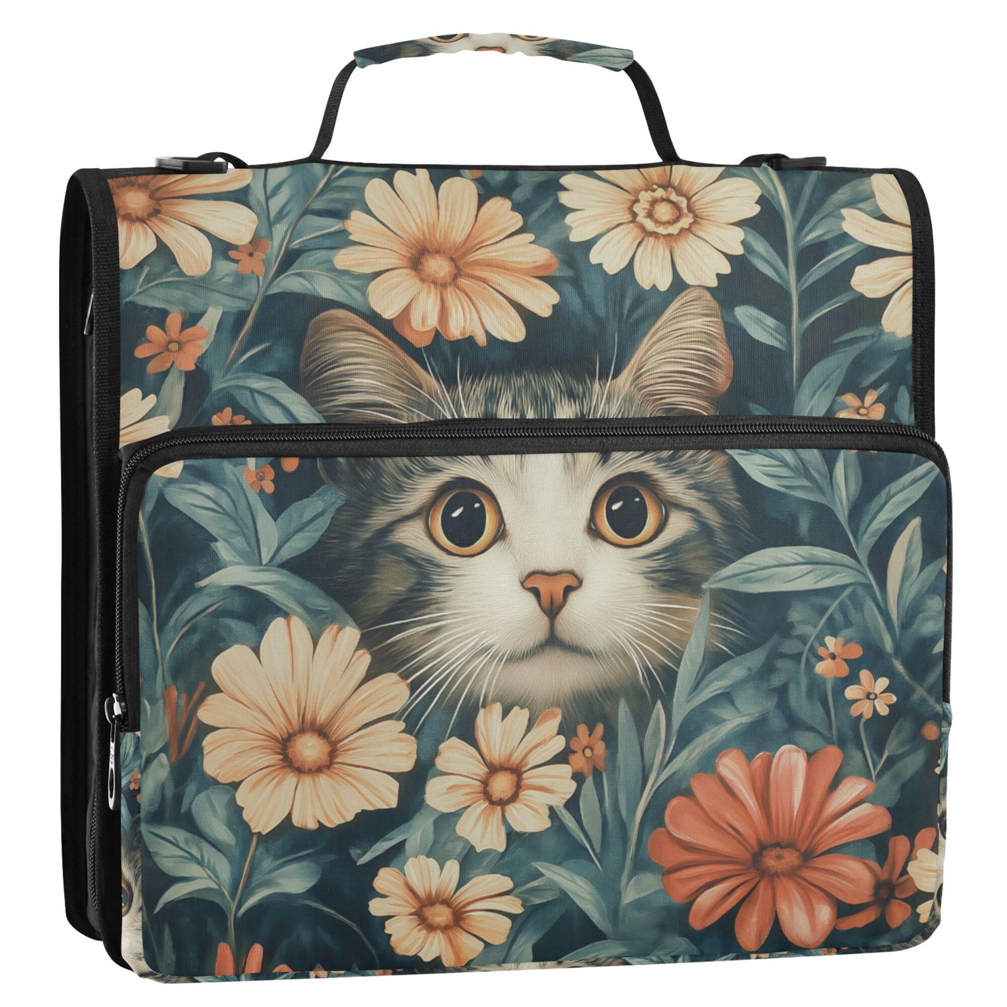 FORMRS Zipper Binder with Shoulder Strap 2-inch Ring 500 Sheet Capacity File Bag, Flowers Cat