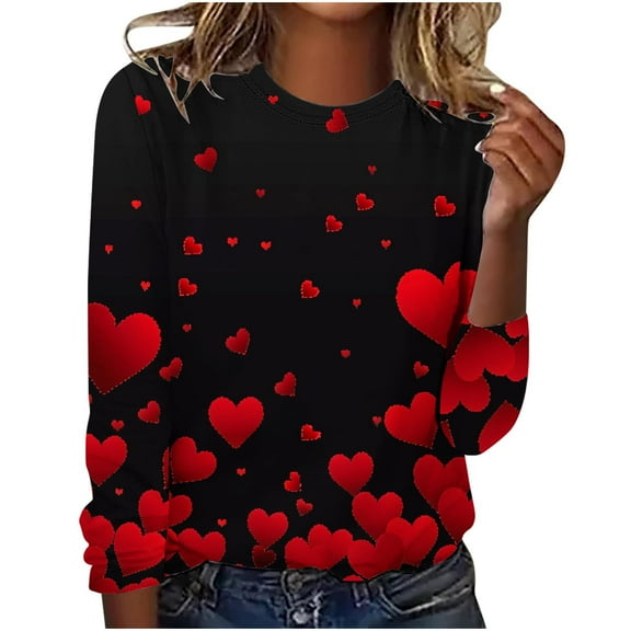 Valentine's Day Outfits Women's Cute Heart T-Shirts Casual Long Sleeve Tops Holiday Cute Basic Tees