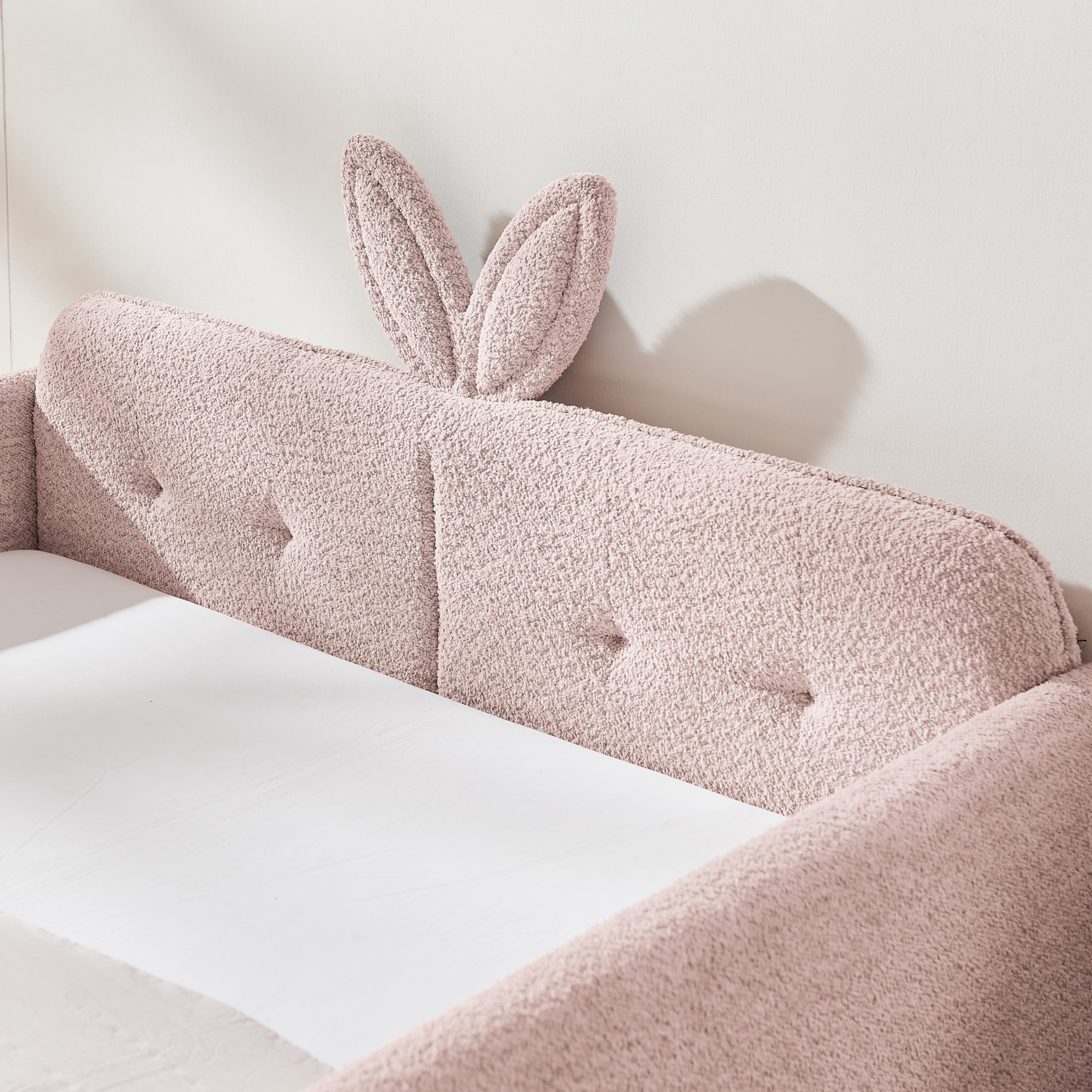 Noble House Ciara Full Boucle Upholstered Platform Bed, Cute Rabbit Ear Headboard Bed with Safety Guardrail, Pink