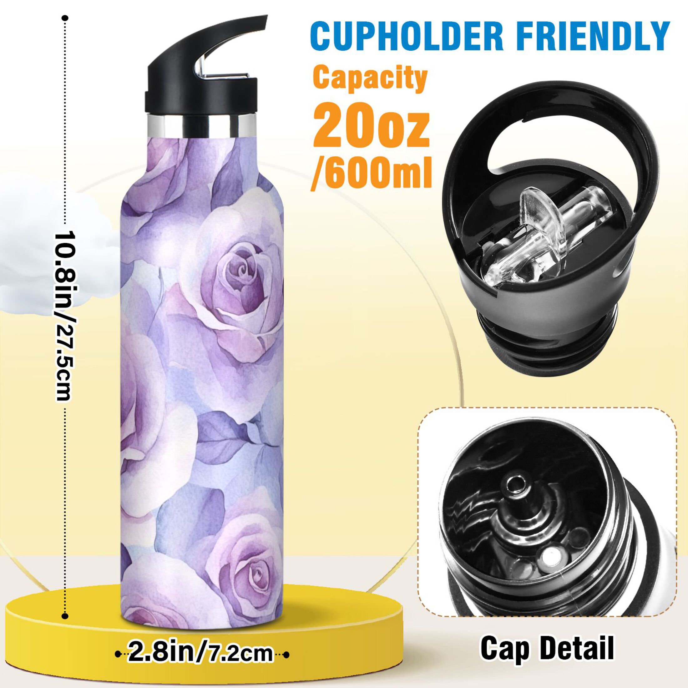 600ML Stainless Steel Insulated Cup Sports Water Bottle Portable Thermos Cup Water Glasses Insulated Tumblers Convenient and Durable Cartoon Lavender Roses