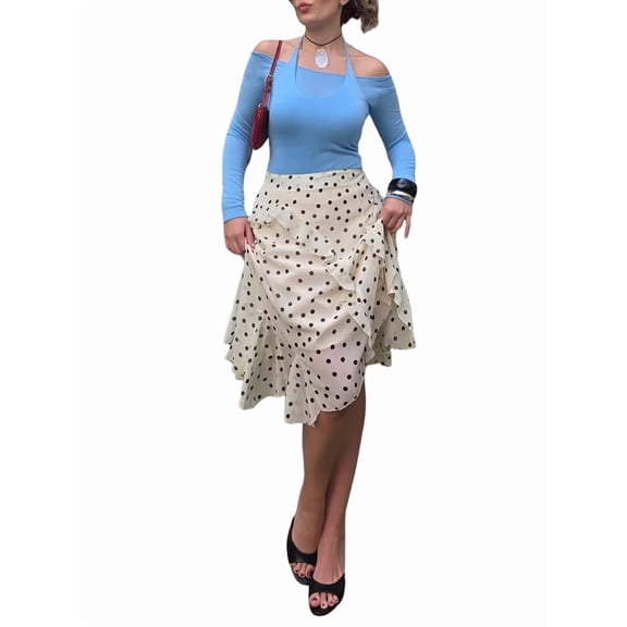 Women Y2k Polka Dots Midi Skirt Cute Flowy Elastic Waist A Line Ruffle Hem Skirt Going Out Streetwear Color S