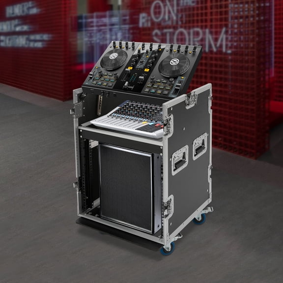10U PA DJ Rack Road Case with 11U Slant Mixer Top Casters