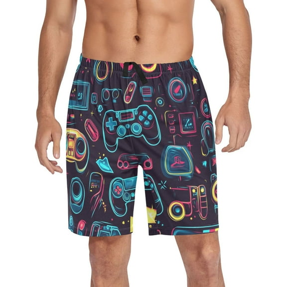 Men's Pajama Shorts Bottoms with Pockets Soft Lightweight Lounge Sleep Wear Neon Game Controllers