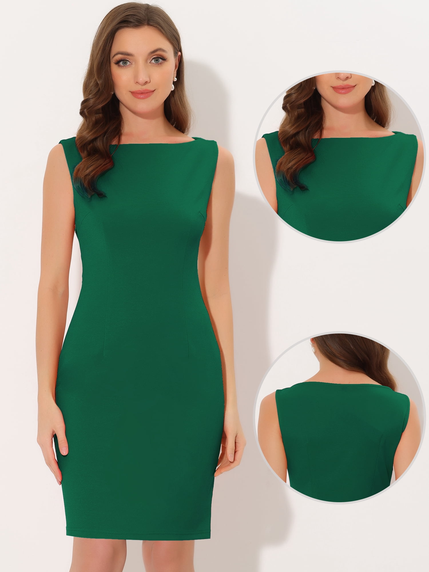 DARING DIVA Sleeveless Sheath Dress Boat Neck Casual Office Dresses S Dark Green