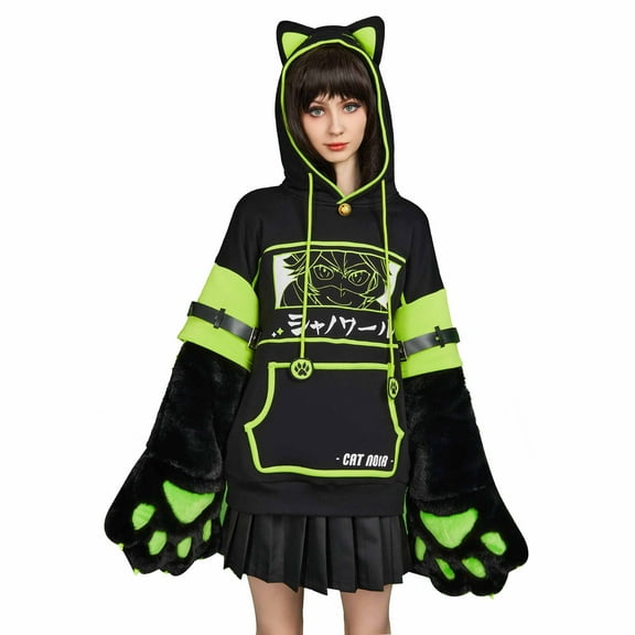 [Officially Licensed] Miraculous Cat Noir Hoodie with Detachable Furry Cat Paw Hooded Sweatshirt, L/XL