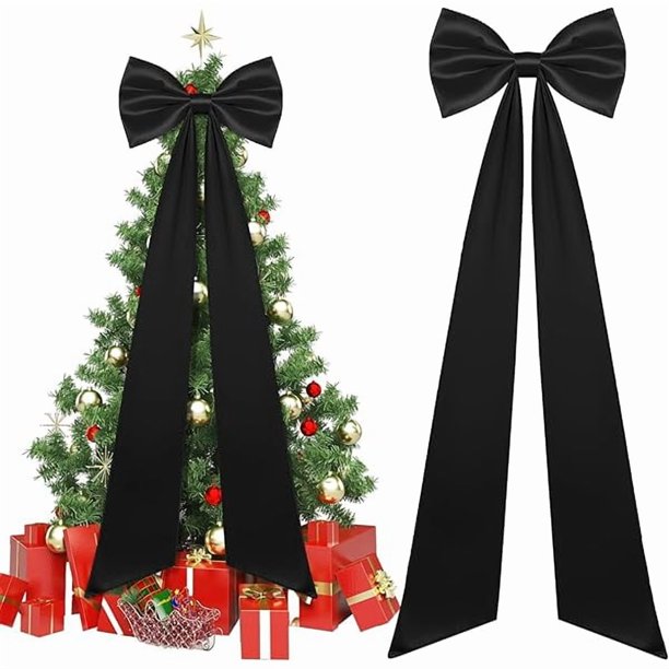 wonima02 23.62 x 90.55 Inches Christmas Extra Large Bows Giant Christmas Tree Topper Bow Decorations Satin Bow Tree Topper for Xmas Decorations Wreath Home Holiday Party Decor(Black)