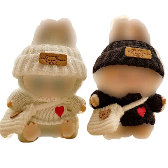 Plush Doll Clothes Winter Knit Outfit Set with Hat & Bag, Cute Sweater Clothing for Plush Toys, Fits 6.5 in / 17 cm Dolls