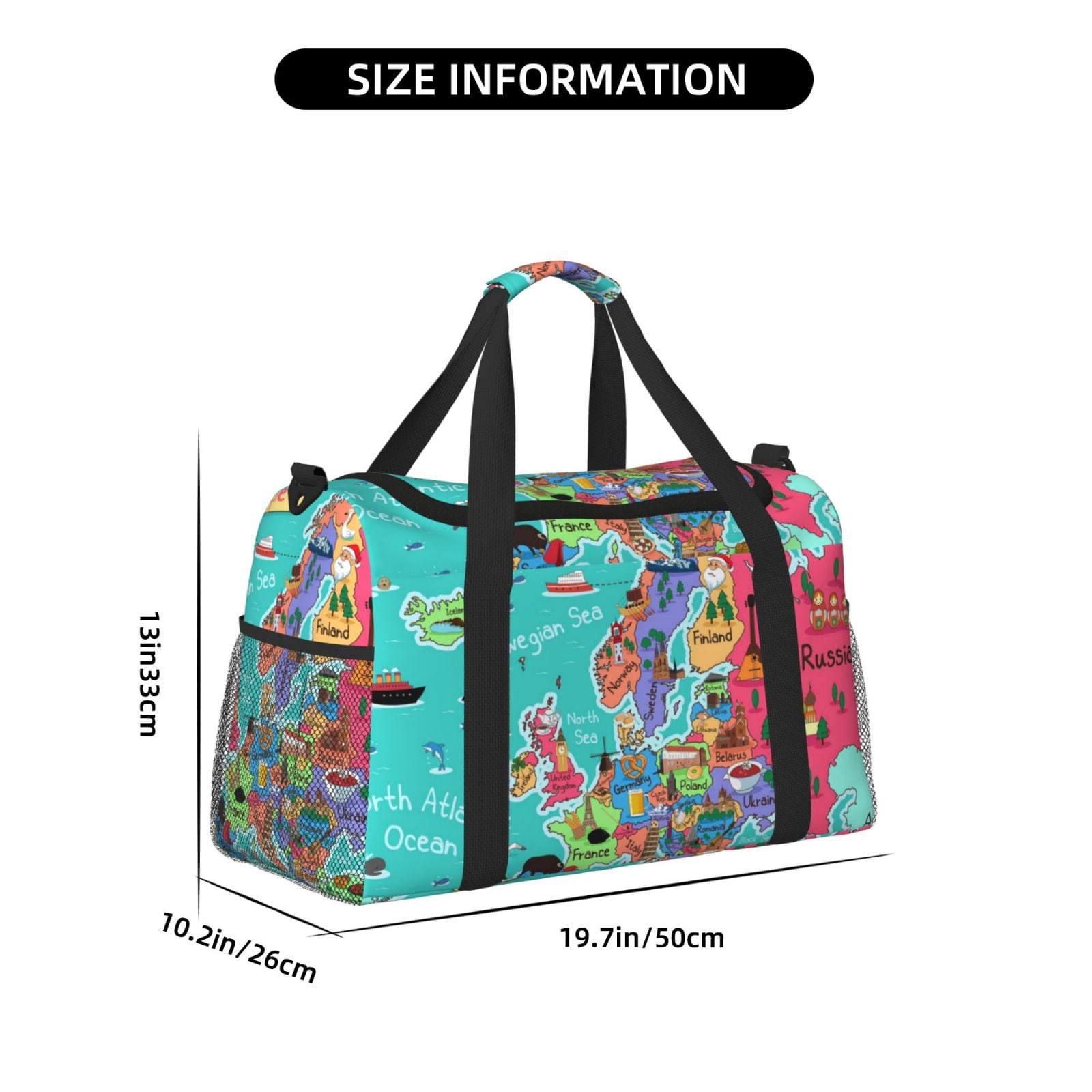 Fuzoiu Cartoon Map Of Europe Print Travel Duffle Bag,Carry On Tote Bags,Duffel Bag,Sport Gym Bag, Hospital Bag for Labor and Delivery, Overnight Bag,Luggage Bag