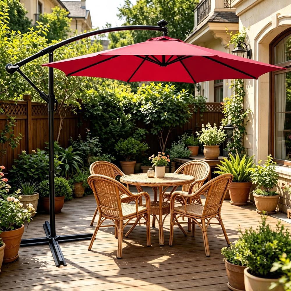Howcool 10 ft Outdoor Patio Umbrella Solar Powered LED Lighted Sun Shade Market Waterproof 8 Ribs Umbrella with Crank and Cross Base for Garden Deck Backyard Pool Shade Outside Deck Swimming Pool
