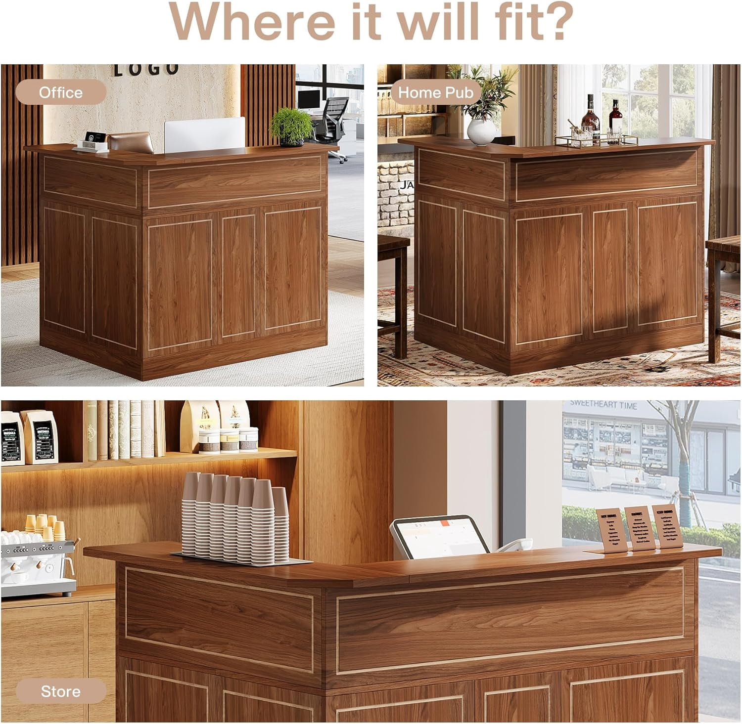 Finmind L-Shaped Reception Desk with Storage Shelves, Modern Front Counter Table for Office, Salon, Checkout Office, Vintage Brown