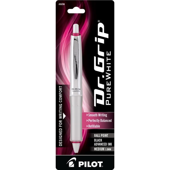 Pilot Dr. Grip Ergonomic Retractable Ballpoint Pen, Medium Point, White Barrel, Black Ink