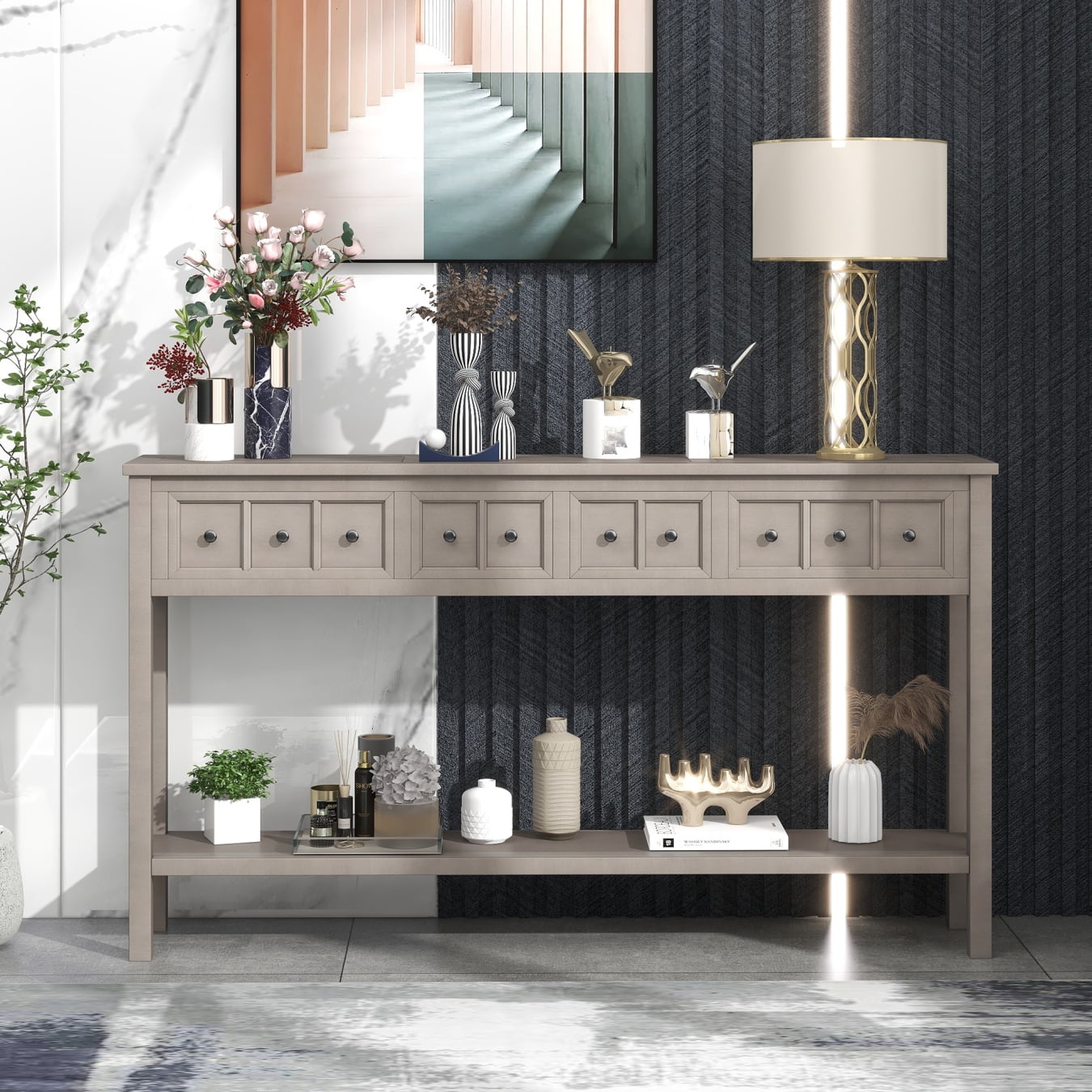 Console Table, Console Tables for Entryway with 4 Drawers and Open Storage Shelf, 60" Long Sofa Table in Solid Wood, Narrow Console Table for Living Room, Couch, Hallway, Foyer, Kitchen Counter, Grey
