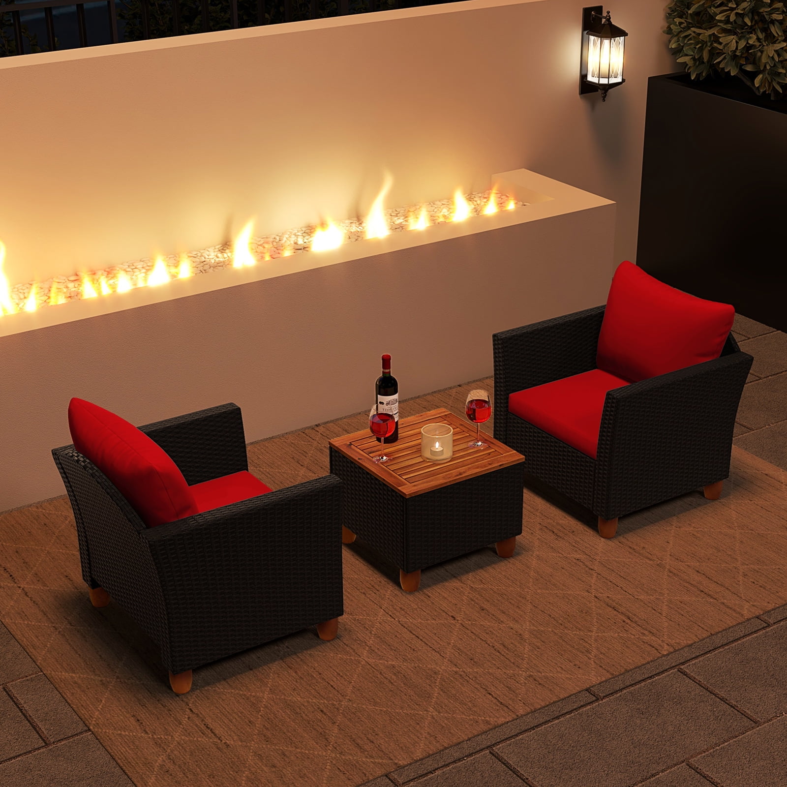 Costway 3PCS Outdoor Patio Rattan Furniture Set Wooden Table Top Cushioned Sofa Red