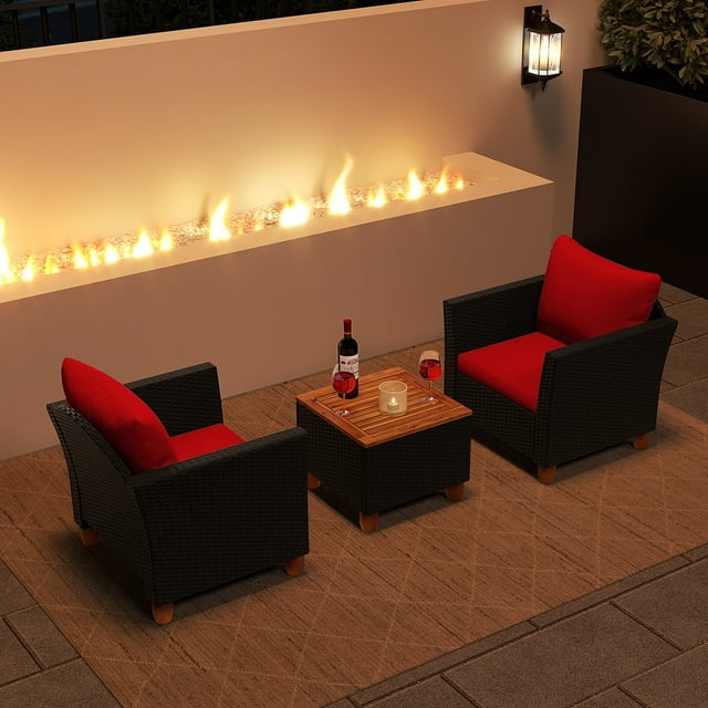 Costway 3PCS Patio Rattan Furniture Set Cushioned Sofa Storage Table with Wood Top Red