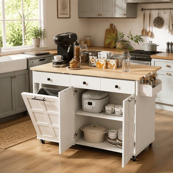 Guqiart 60" White Rolling Kitchen Island Cart with Drop Leaf & Power Outlet, Mobile Kitchen Island with Spice Rack, Towel Rack & Hidden Trash Cabinet for Kitchen Dining Room