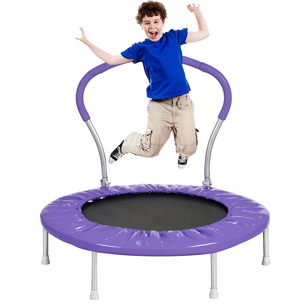 36" Kids Indoor Trampoline, Small Toddler Trampoline for Boys Girls, Kids Trampoline Little Trampoline with Handrail and Safety Padded Cover, Mini Foldable Rebounder Fitness Trampoline, Purple, Q14399