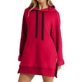 thumbnail image 2 of Hoodie Sweatshirt Dress, Knee Length Long Pullover with Split, Plush Material for Fall & Winter, Red M, Size S-XXL, 2 of 7