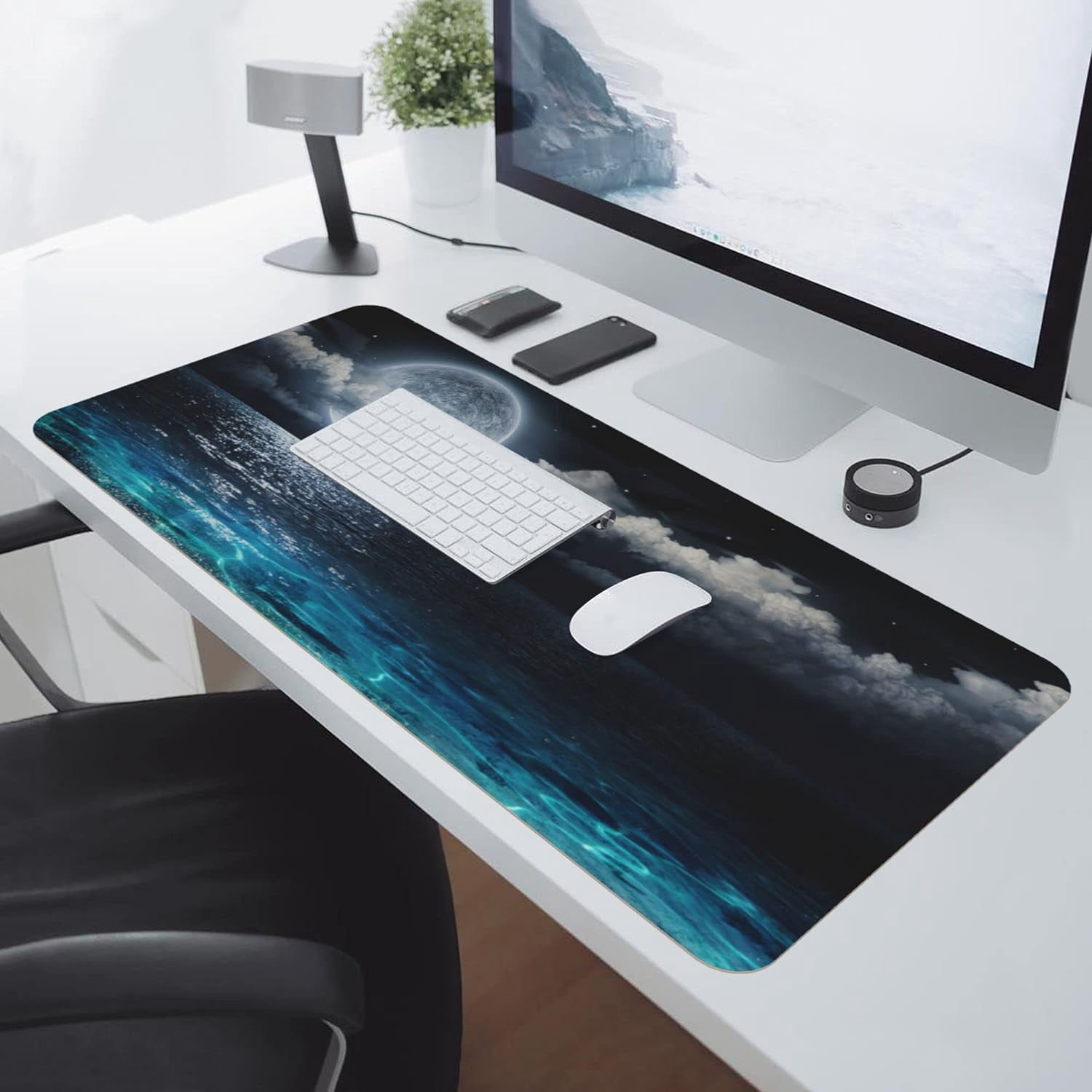 Desk Mat,Large Mouse Pad 35''''×15.6''''XXL Extended Gaming Mouse Pad Mat with Non-Slip Base Stitched Mousepad for Computer,Office,Keyboard and Laptop - Moon Ocean
