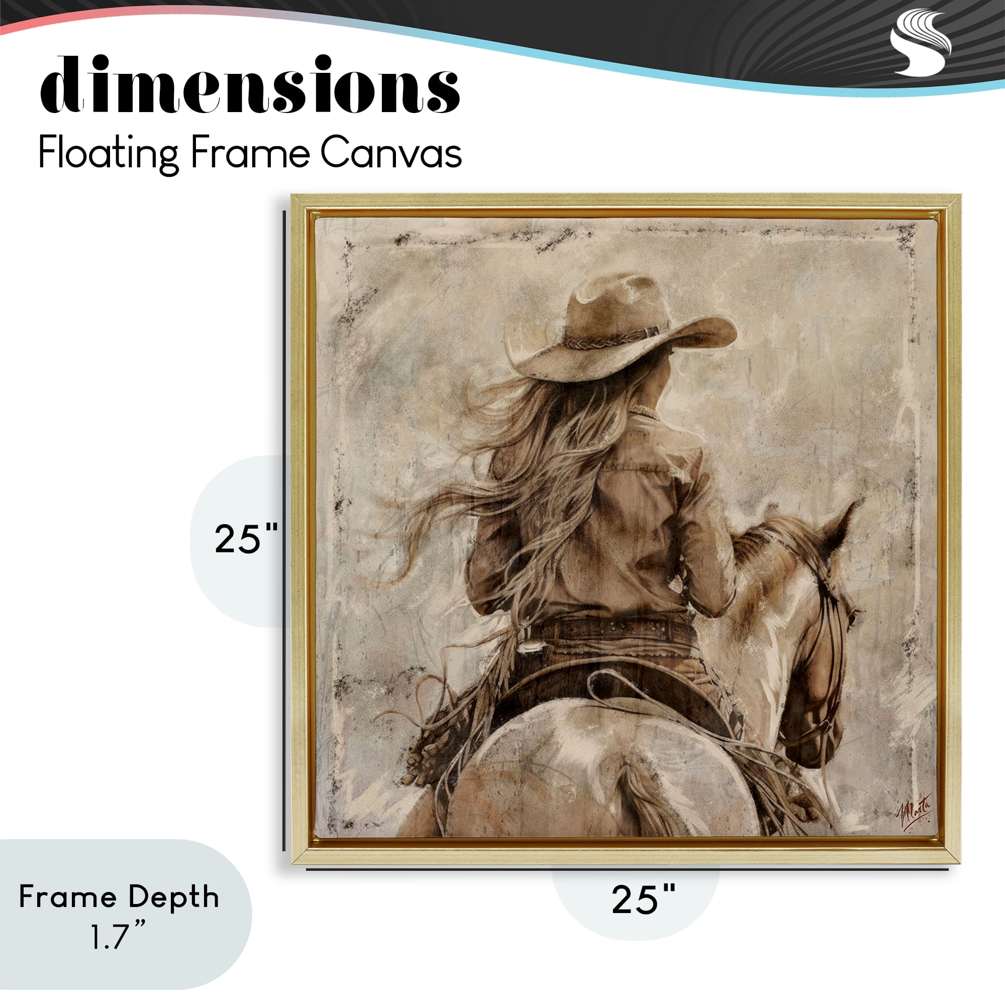 Stupell Industries Windblown Cowgirl on Horseback Gold Framed Floater Canvas Wall Art, design by Marta Wiley