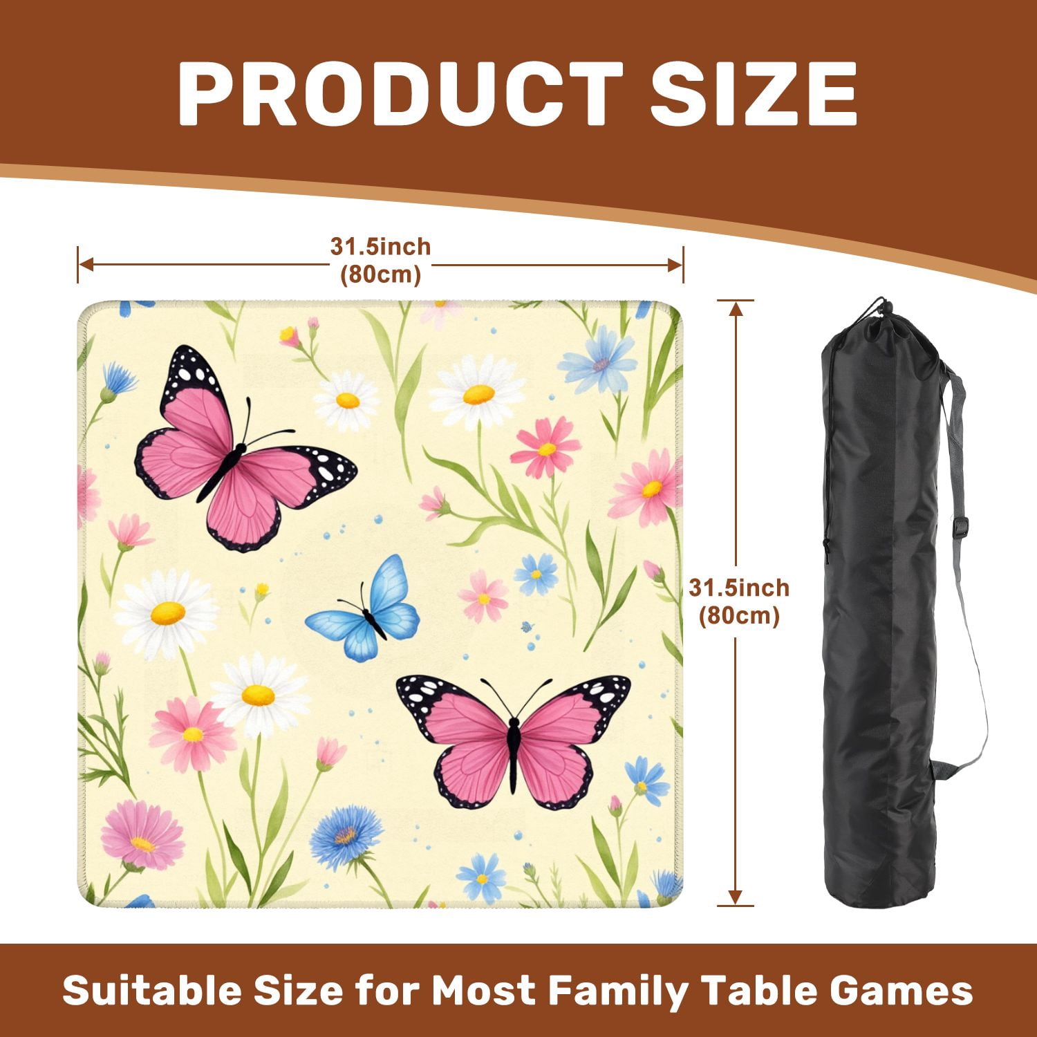 Mahjong Mat 31.5" x 31.5" Pink Blue Butterflies Wildflowers Pastel Yellow Non-Slip Noise Reduction American Mahjong Tiles Table Cover for Dominoes Poker Card Board Games Gift