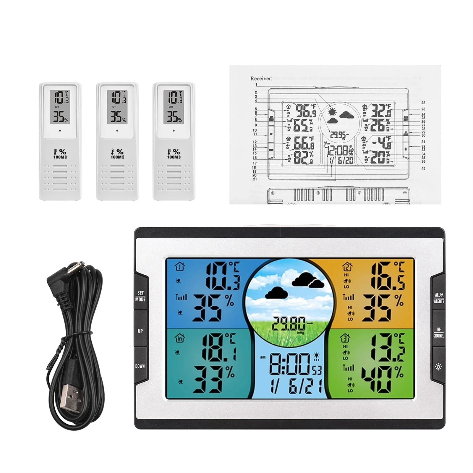 Digital Weather Station with 3 Remote Sensors 328ft/100m Indoor Outdoor Temperature Humidity Monitor Alarm Clock for Home Office ,Excellent Visual Experience