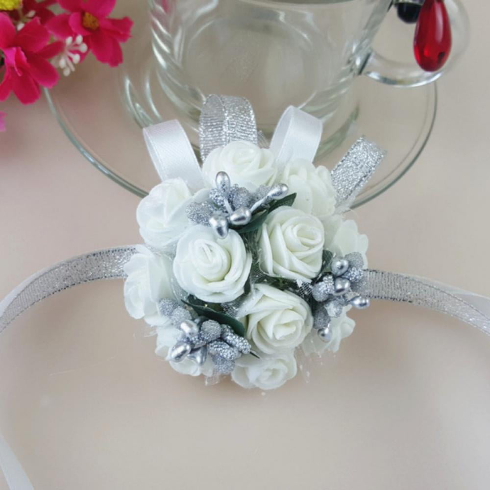 Wedding flowers bridesmaids wrist corsage Teal/white roses,diamante pearls 
