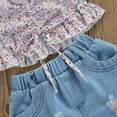 thumbnail image 5 of Bagilaanoe 2pcs Little Girl Short Pants Set Short Sleeve Floral Print Ruffle Shirt Tops + Denim Shorts 1T 2T 3T 4T 5T 6T 7T Kids Casual Summer Outfits, 5 of 7