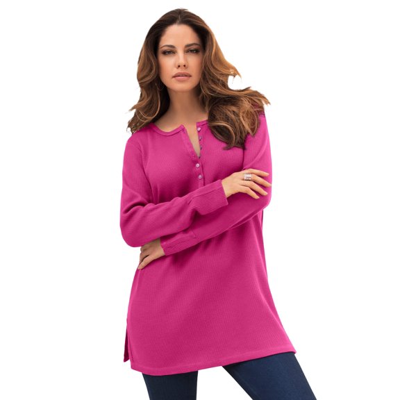 Roaman's Women's Plus Size Knit Thermal Henley Top – Long Sleeve