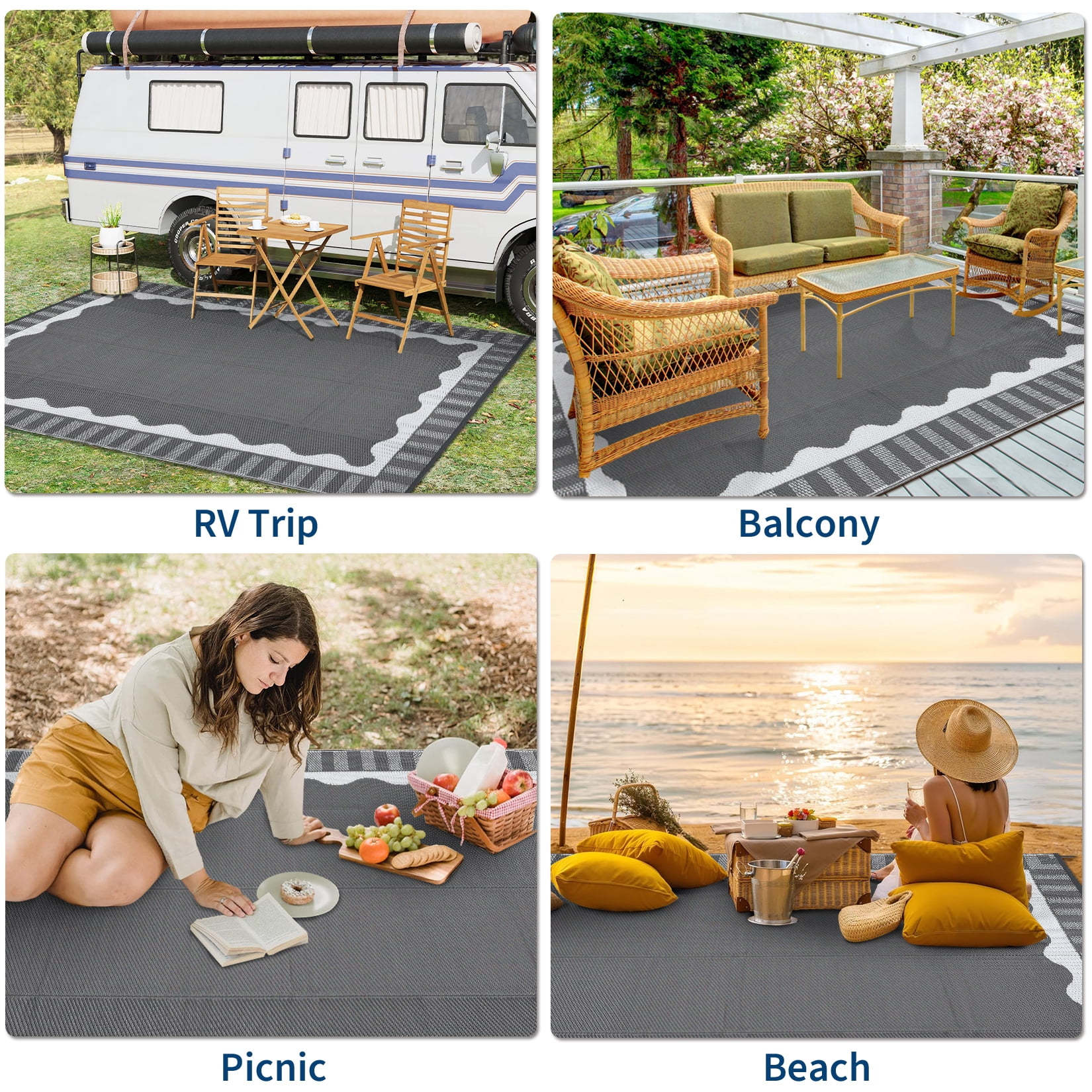 Hasoo 9' x 12' Gray/White Outdoor Rug for Patio Decor Waterproof Plastic Straw Modern Geometric Scalloped Bordered Pattern Carpet PP Tube Woven Portable Camping Mat for Picnic Balcony