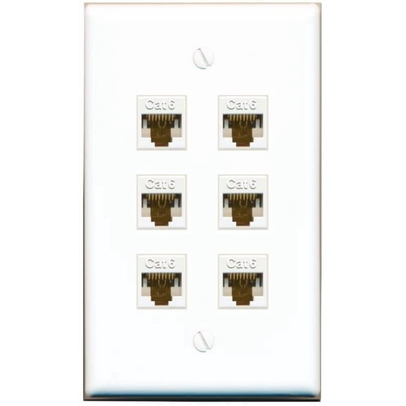 RiteAV - 6 Port Cat6 Ethernet RJ45 Female-Female Wall Plate - Flat [White]