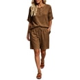thumbnail image 3 of AHTJRT Plus Size Summer Sets for Women Cotton V Neck Short Sleeve Tops and Drawstring Shorts Casual Beachwear Vacation Travel Outfits Brown L, 3 of 8