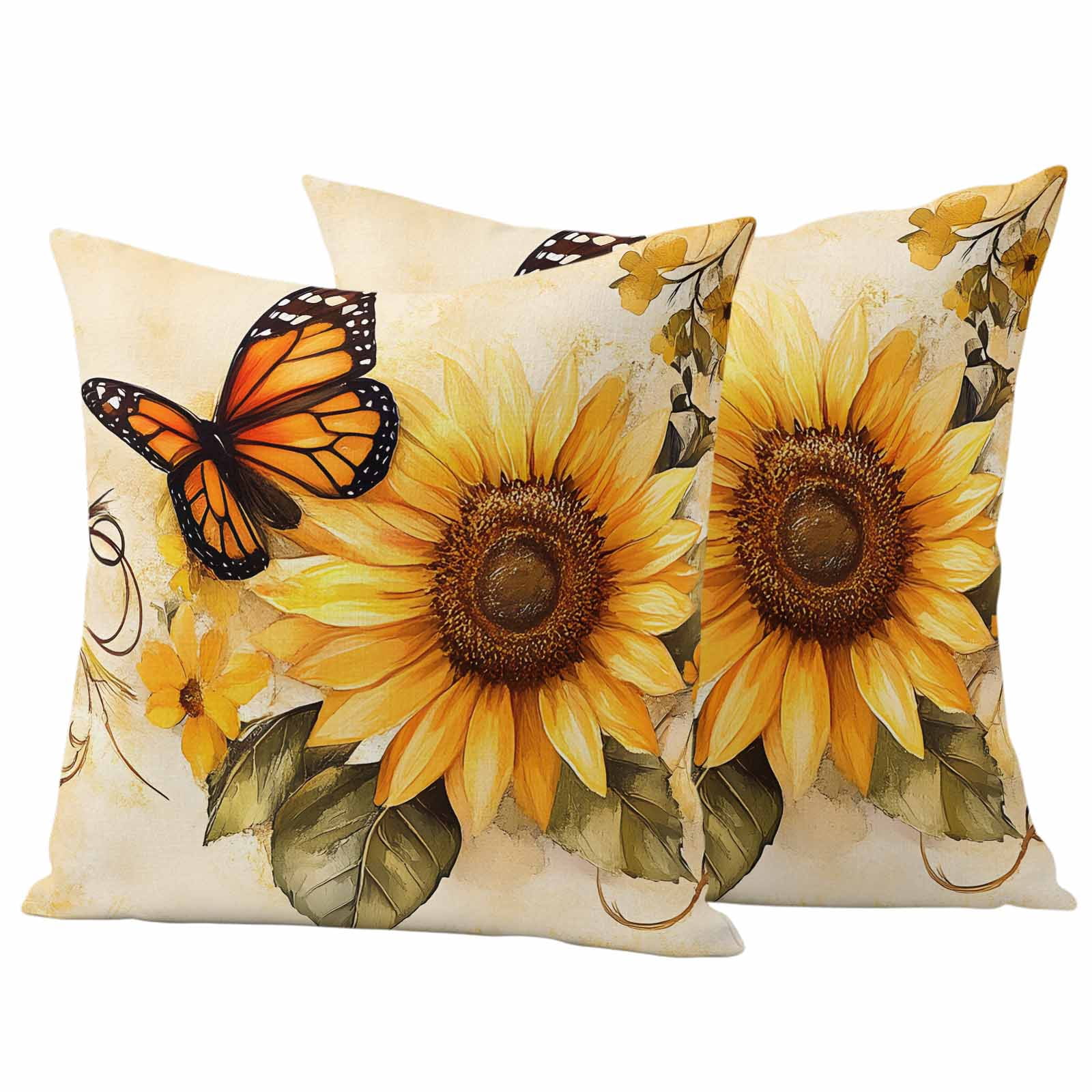 Pack of 2 Outdoor Pillow Covers 18x18 Inch Waterproof Sunflower Throw Pillow Covers, Decorative Couch Pillow Case Sham Butterfly Spring Floral Retro Pillowcases Cushion Covers for Patio Garden
