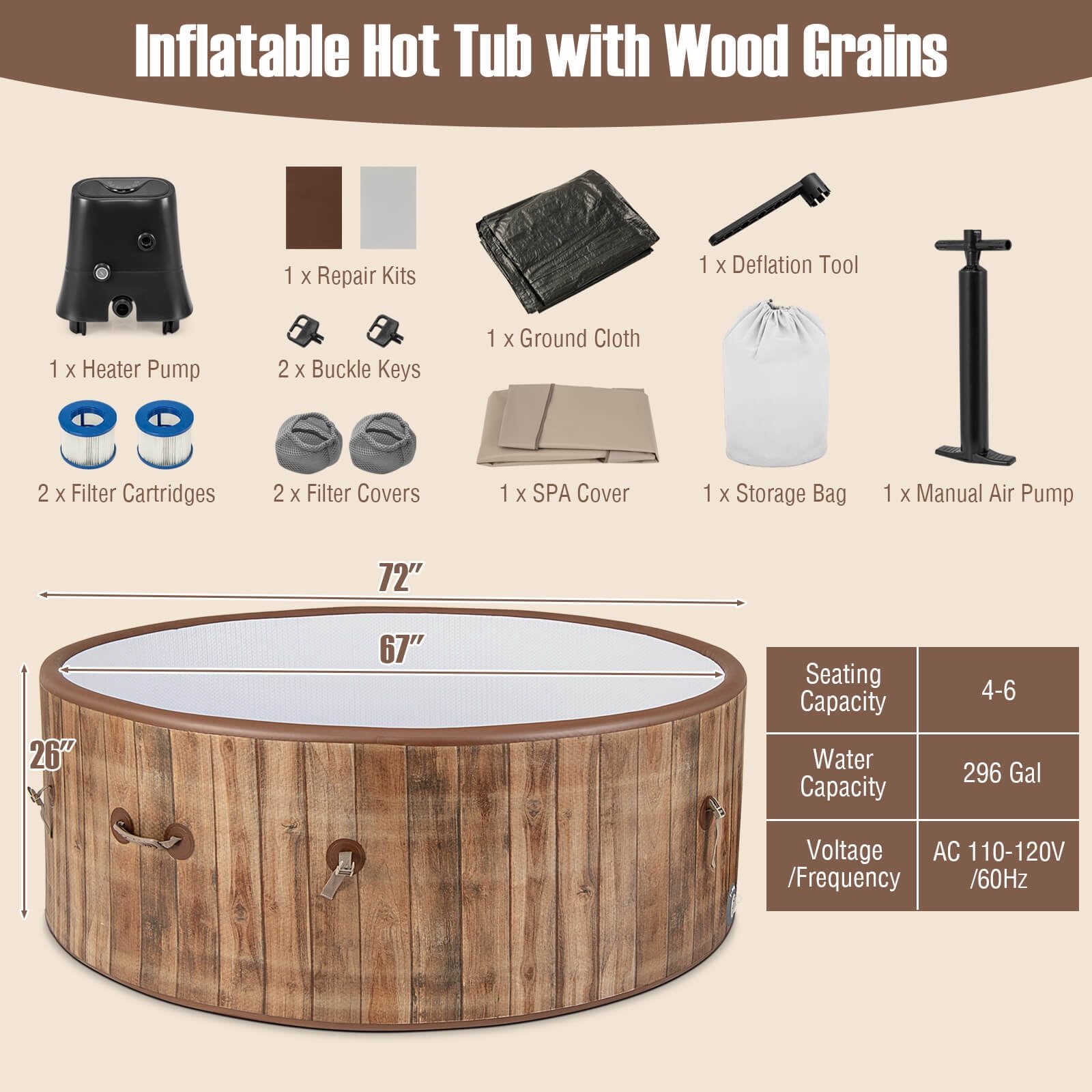 Costway 72" Inflatable Hot Tub SPA with 120 Air Jets Electric Heater Pump Manual Air Pump