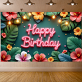 thumbnail image 5 of Tropical Theme Happy Birthday Banner Floral Design Decorative Lights Leaf Pattern for Birthday Party Jungle Theme Outdoor Event, 5 of 7