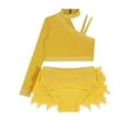 thumbnail image 4 of YiZYiF Kids Girls Sparkly 2 Piece Dancing Outfit Rhinestones Dance Crop Top and Feather Briefs Skirt Yellow 14, 4 of 6
