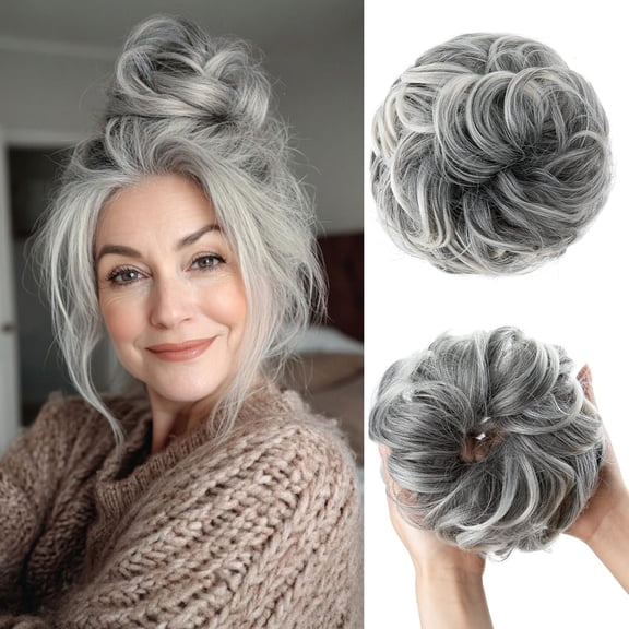 Messy Bun Hair Piece Wavy Curly Scrunchies Synthetic Chignon Ponytail Hair Extensions Thick Updo Hairpieces for Women Salt and Pepper