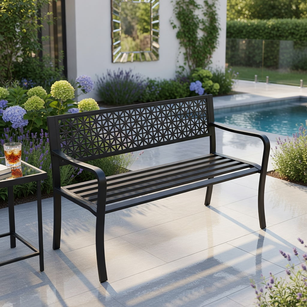 Hommoo 50" Metal Garden Bench for 2-3 People, Stylish Patterned Backrest, Curved Armrests, Heavy-Duty Outdoor Patio Seating, Black