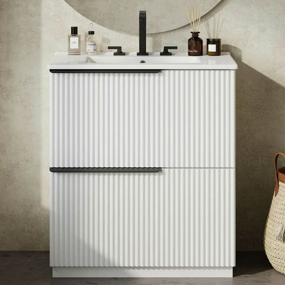 Spaco 30" Bathroom Vanity with Ceramic Sink and Soft Close Drawer Slides, Freestanding Bathroom Vanity with Full-Extension Drawers for Indoor, White