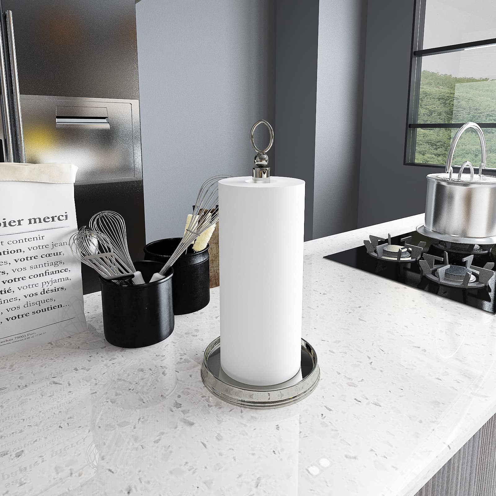 Paper Towel Holder With Heavy Weighted Base - Steel Countertop Stand For Kitchen  Bars & Dining Tables Fits Standard Rolls Brushed Nickel