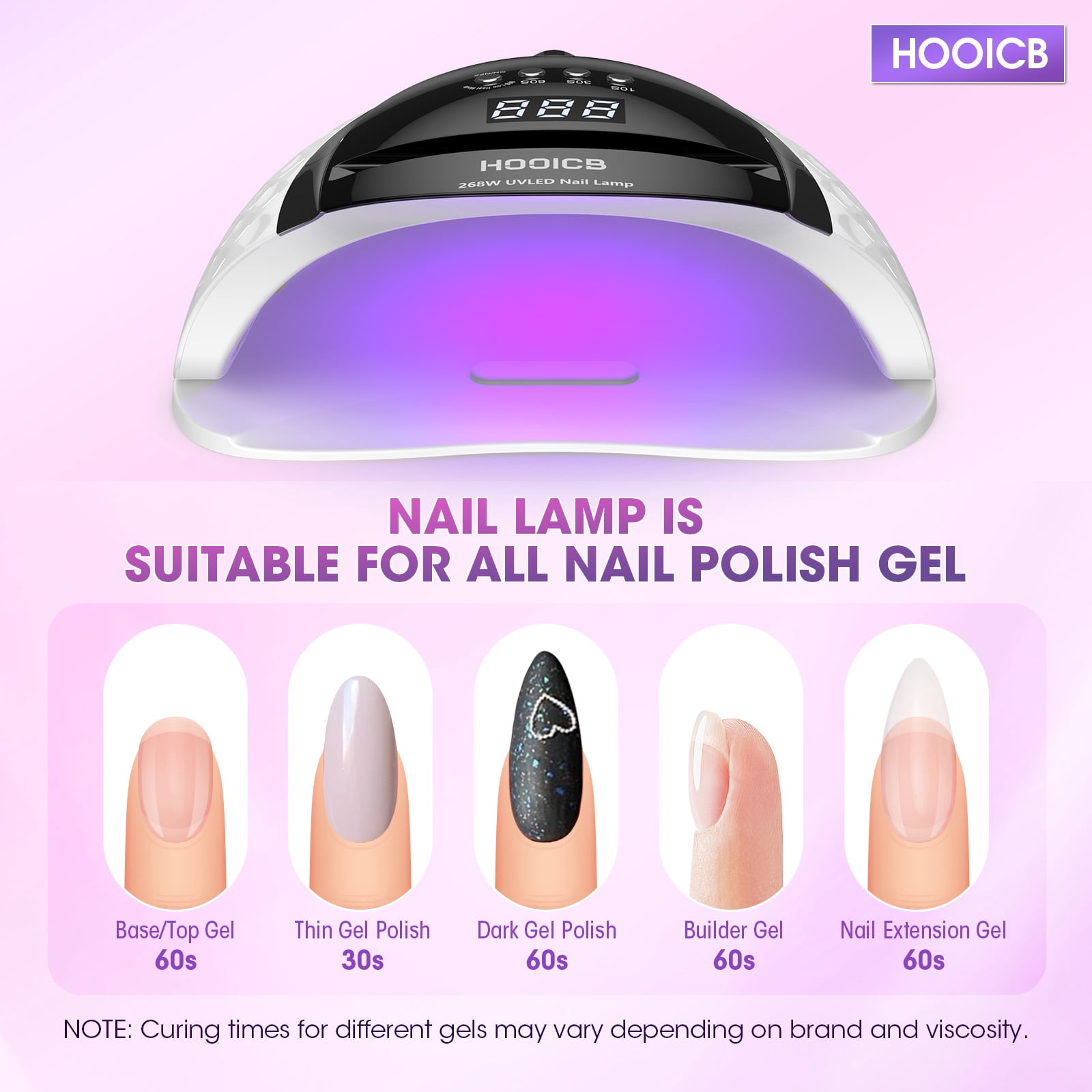 HOOICB UV LED Nail Lamp, 268W Nail Light for Gel Polish, Portable Handle, 4 Timers, 57 Lamp Beads and Automatic Sensor for Manicure Salon and Home
