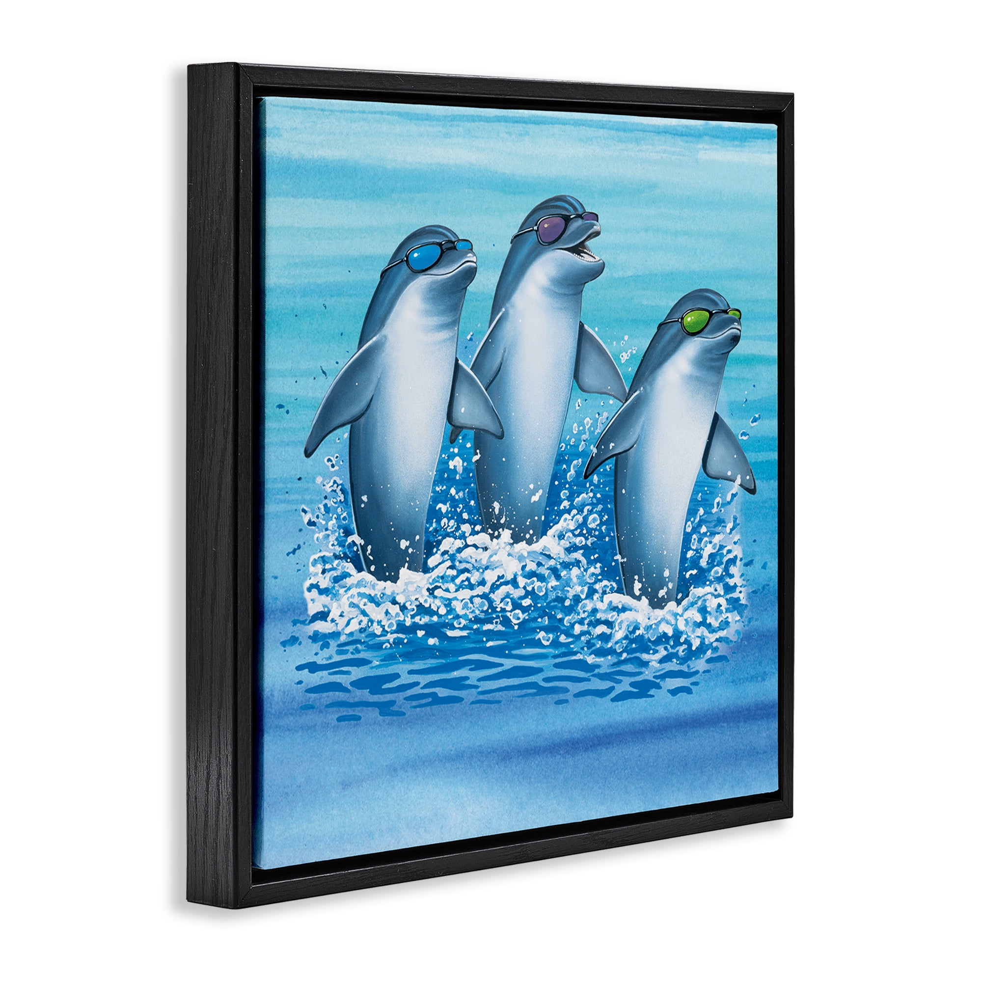 Stupell Industries Cool Dolphins Trio Animals Painting Black Floater Framed Canvas Art Print Wall Art, 25 x 25