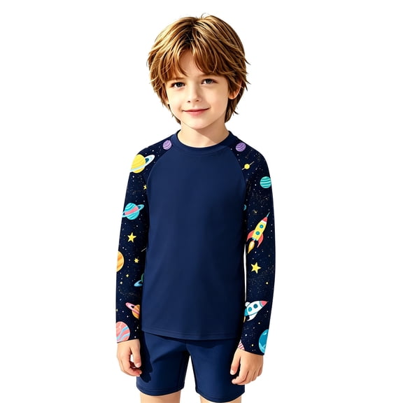 lnmuld Kids UPF50 Sun Protection Long Sleeve Space Rocket Planet Print Raglan Rash Guard Swim Shirt for Boys Girls Dark Blue,9-10 Years