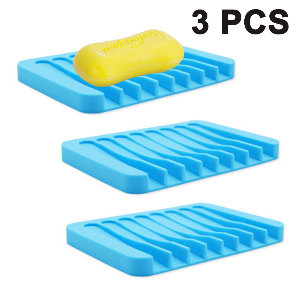 3pcs Rectangle Silicone Soap Dish Holder Plate Bathroom Shower Soapbox Tray 