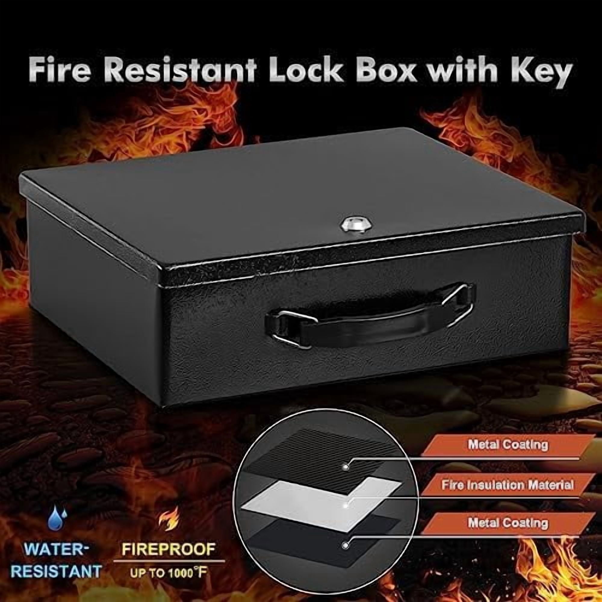 Fireproof Document Box with Key Lock, Large Safe Storage Box for Valuables, Fire Resistance Security Chest, Lock Box for Passport, Cash, Tablet 12.9'' x 10.7'' x 4.2'' Black