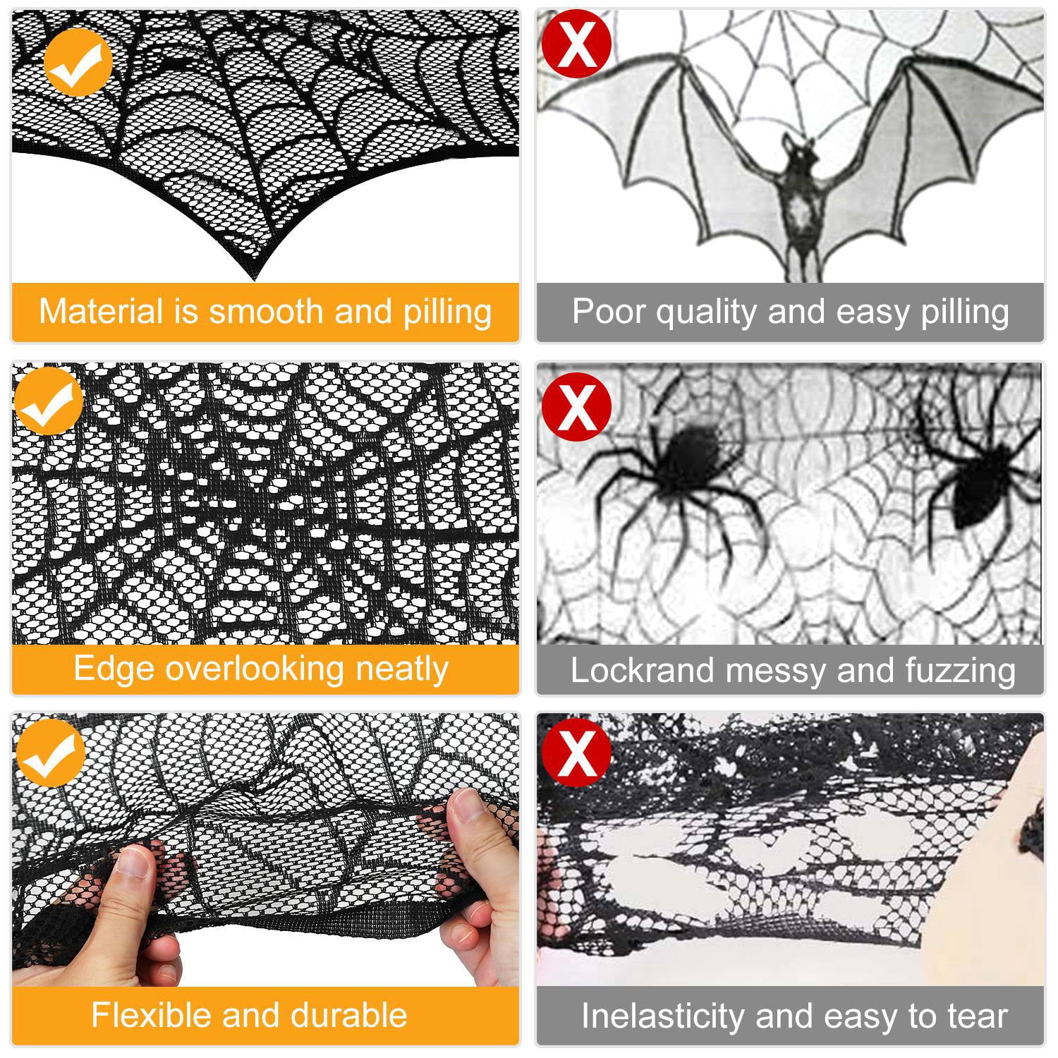 Astoutdoor Halloween Mantle Scarf, Black Lace with Spider Web, Spider and Bat Design, 96 x 18 in, 2 Pieces