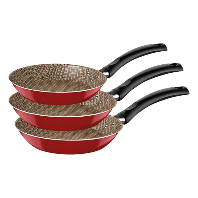 jgo sartenes tramontina mod. 32300356 turim Rojo cereza — juego de tres sartenes 20, 24 y 28 cm con cuerpo de aluminio y recubrimiento interno y externo Starflon Max, vista 3/4 apilada que muestra interior texturizado dorado y mangos negros de baquelita resistentes al calor; también suelen usarse para saltear y cocinar tortillas.