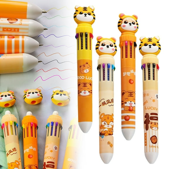 Denhf 1Pc Multicolor Ballpoint Pens, 10-in-1 0.7mm Retractable Cute Cartoon Pen, Fun Rainbow Pen for Teachers, Smooth Writing Pens, Office Stationery Supplies, 10ml, Orange