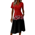 thumbnail image 4 of Women Smooth Polyester Wrap V Neck Short Sleeve Floral Print High Waist Split Hem Casual Midi Dress 08-Red L, 4 of 5