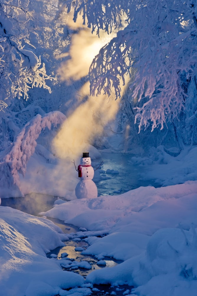 Snowman Standing Next To A Stream With Sunrays Shining Through Hoar Frosted Trees In The Background Russian Jack Springs Park Anchorage Southcentral Alaska Winter Digitally Enhanced Canvas Art - Kevin
