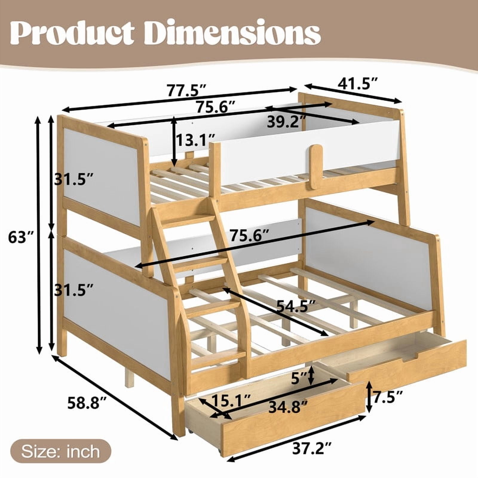 Convertible Twin-Over-Full Wood Bunk Bed Split into 2 Platform Beds, Storage Kids Bed Frame with Under-Bed Drawers